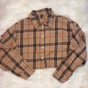 SHEIN Tan Plaid Cropped Flannel